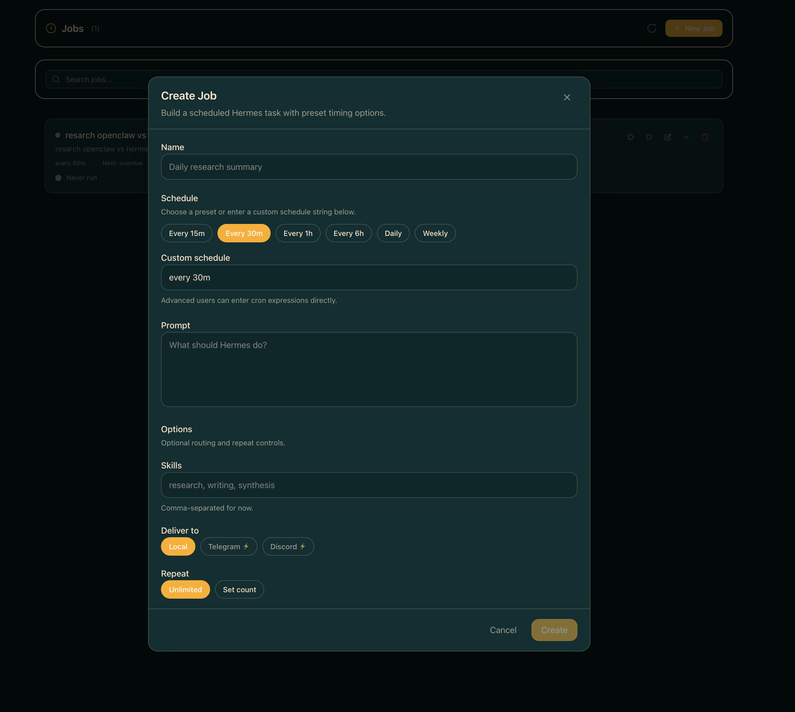 Jobs page in grid view, Matrix dark theme