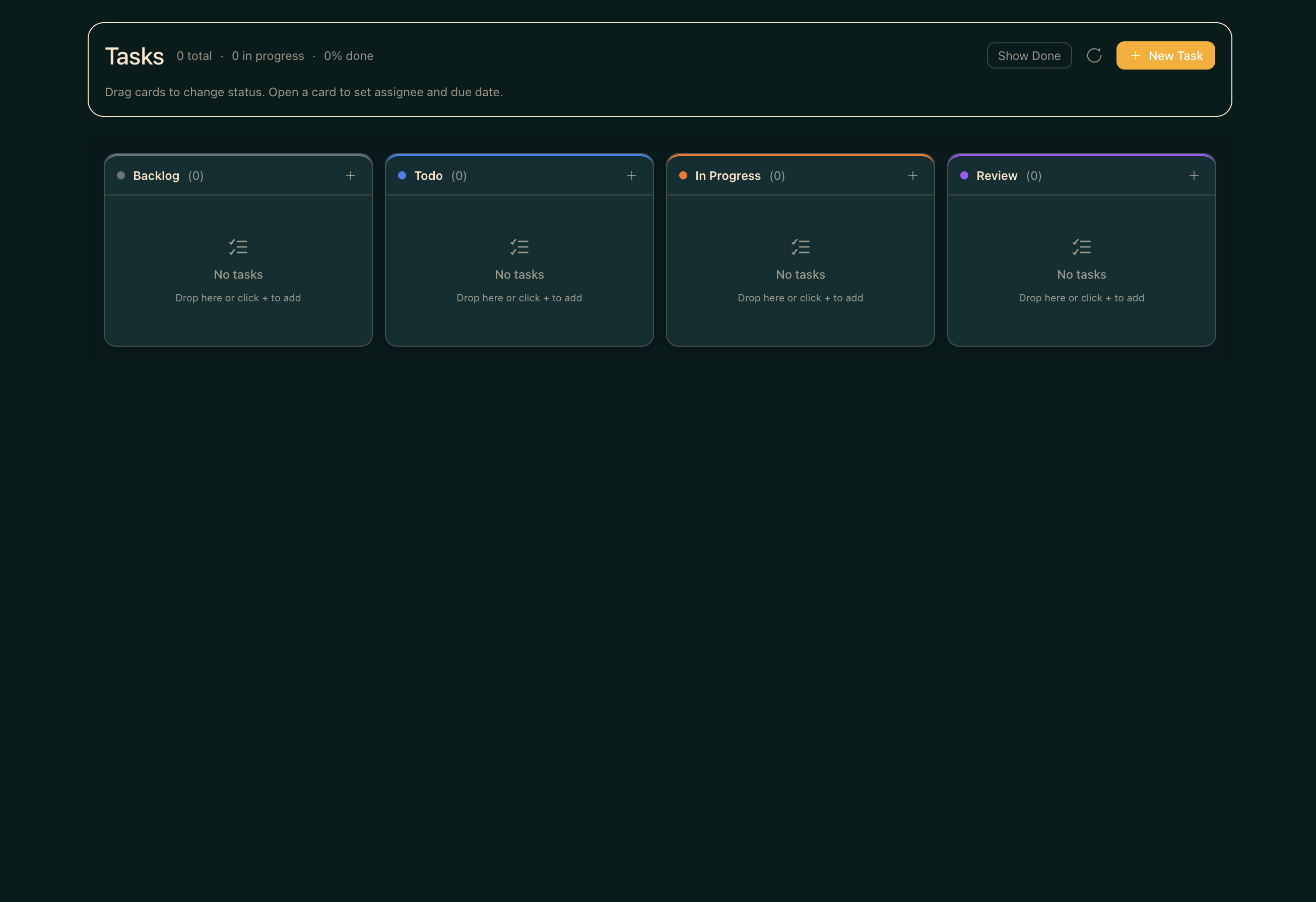 Tasks board view in Matrix dark theme